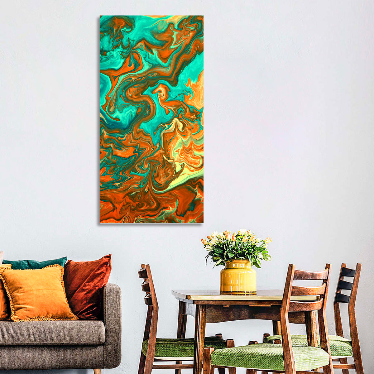 Blue Streams Abstract Wall Art in a room, portrait