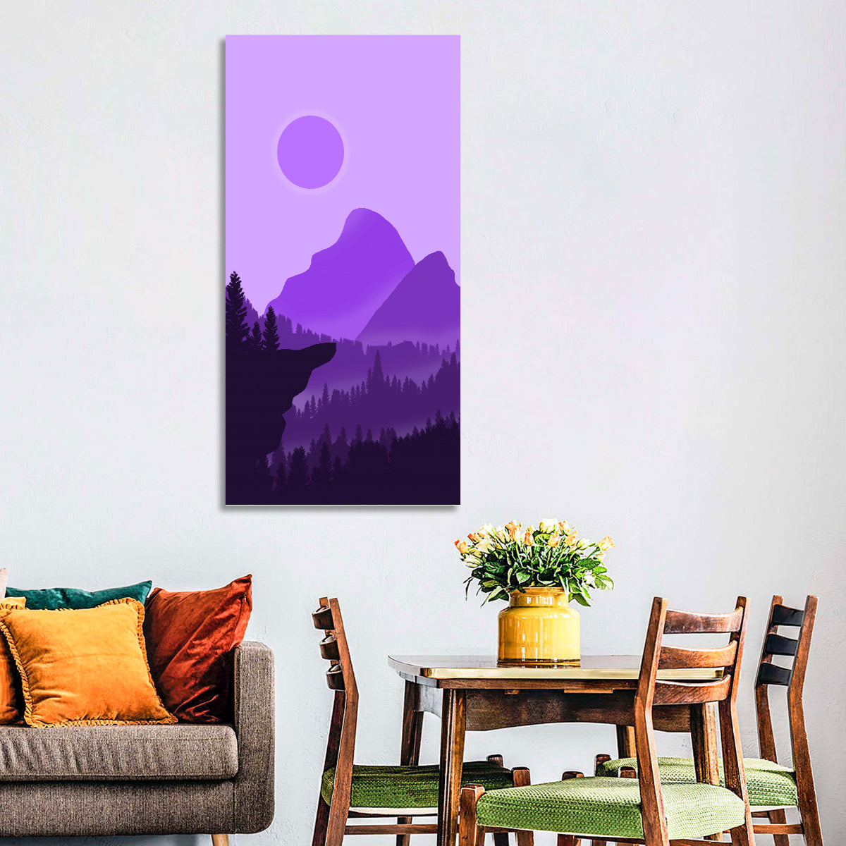 Purple Mountain Dusk Wall Art in a room, portrait