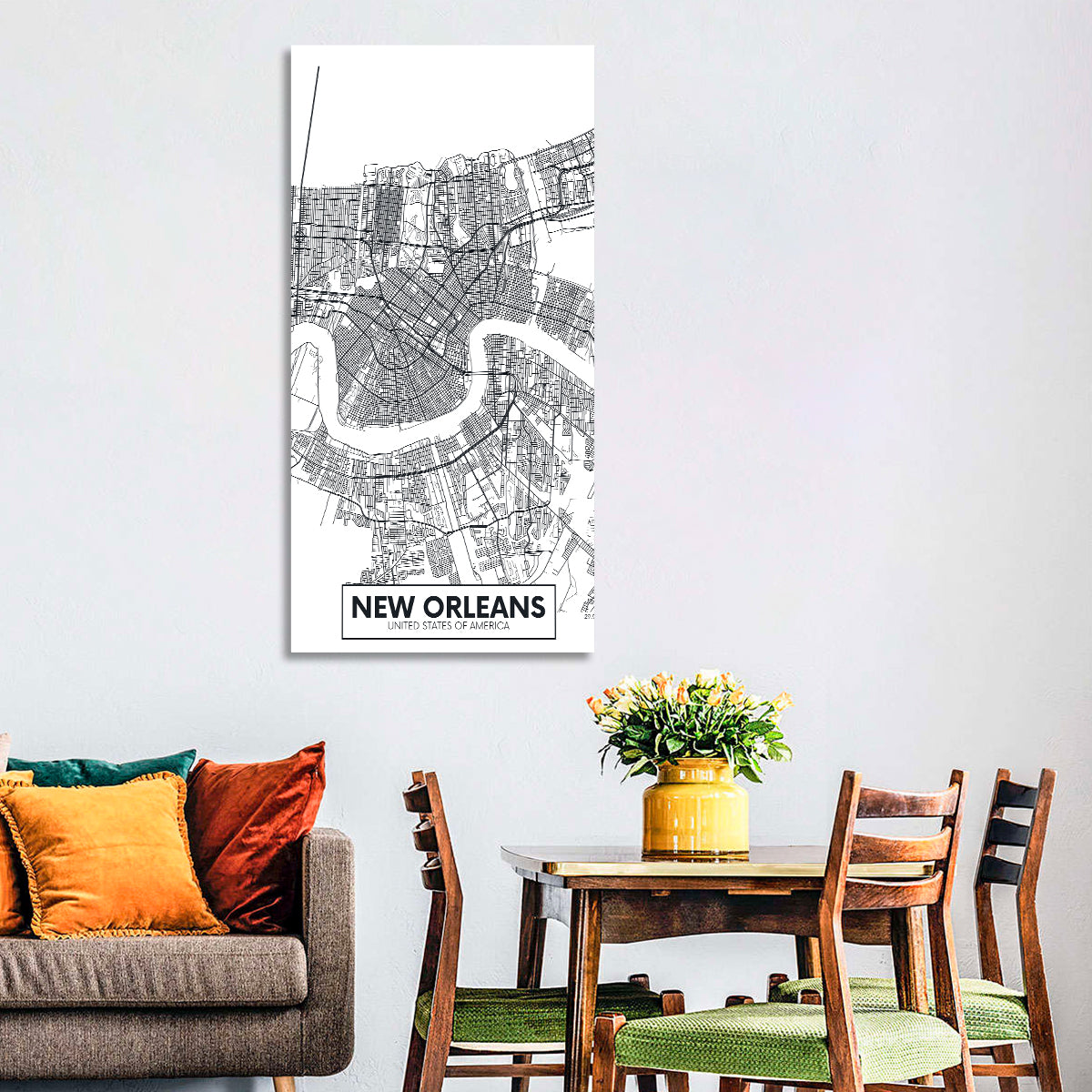 New Orleans Minimalist City Map Wall Art in a room, portrait
