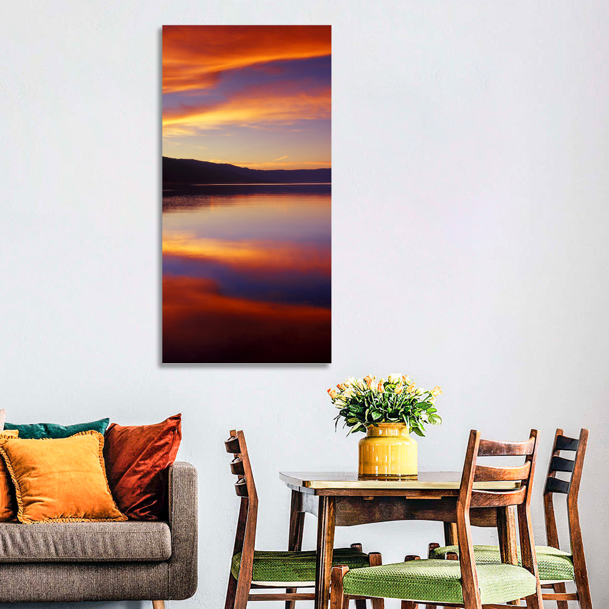 Dusk Over Mountain Lake Wall Art in a room, portrait