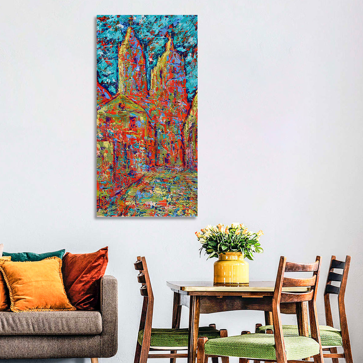 Gothic Spires Cityscape Wall Art in a room, portrait