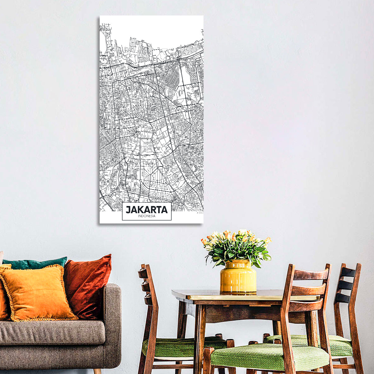 Jakarta Street Grid Map Wall Art in a room, portrait