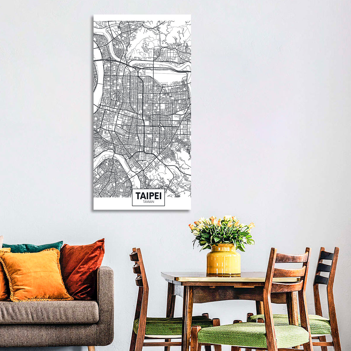 Taipei Street Grid Map Wall Art in a room, portrait