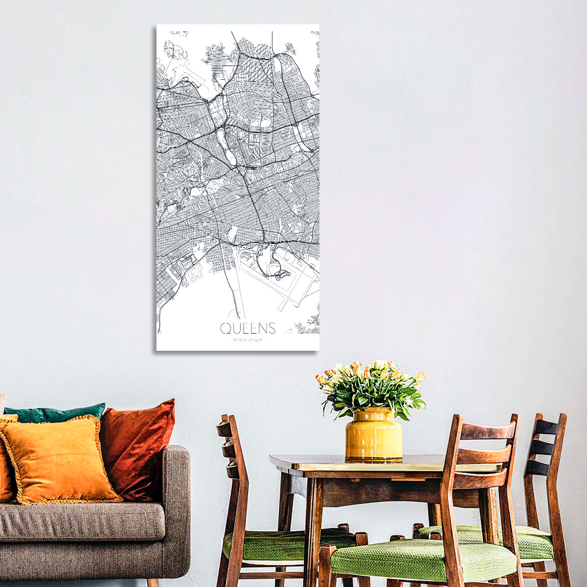 Queens Map with Jfk Airport Wall Art in a room, portrait