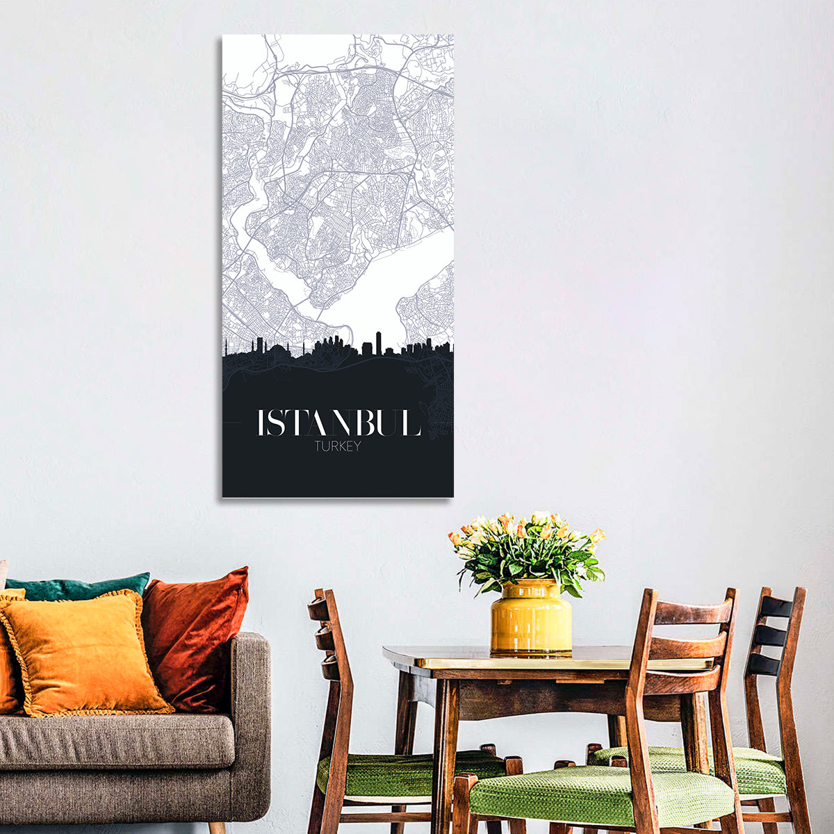 Istanbul Map and Skyline Wall Art in a room, portrait