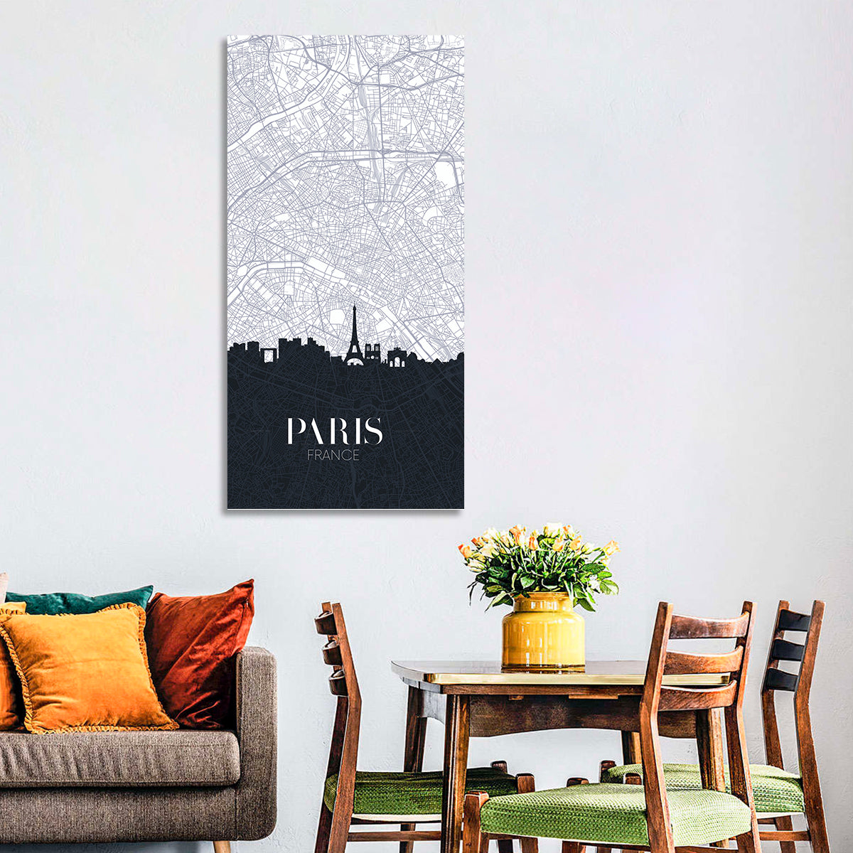 Paris Map with Eiffel Silhouette Wall Art in a room, portrait