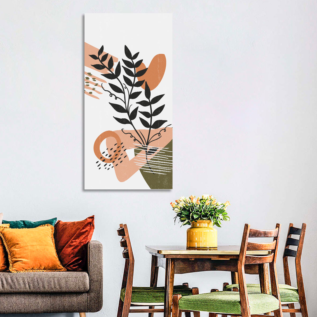 Olive Botanical Leaves Abstract Wall Art in a room, portrait
