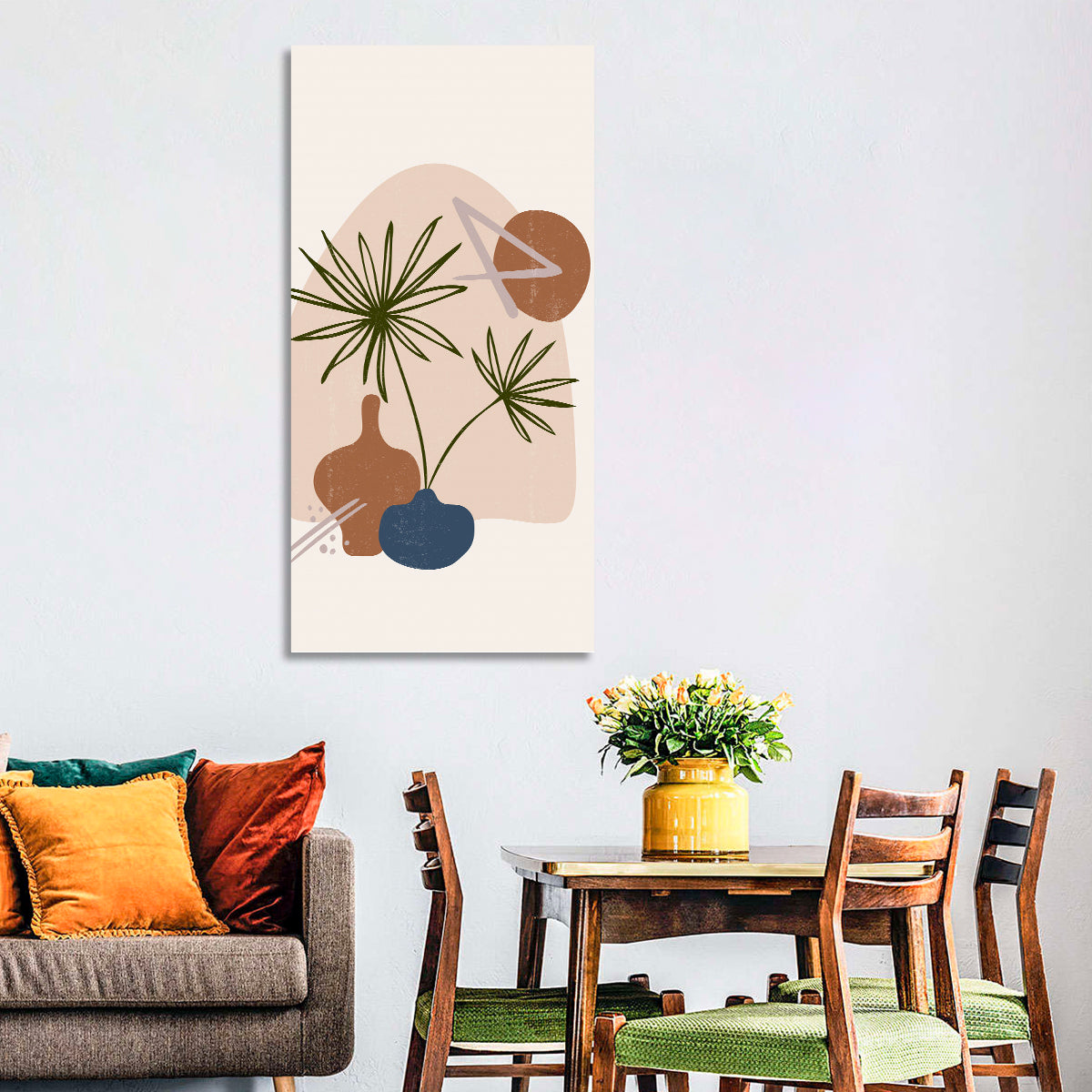 Palm Leaves and Vases Abstract Wall Art in a room, portrait