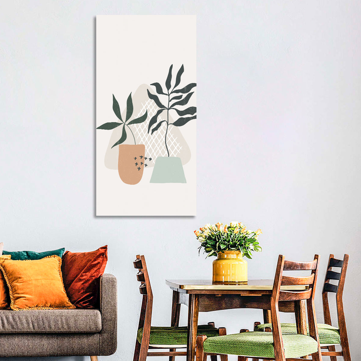 Potted Plants with Hand-drawn Grid Wall Art