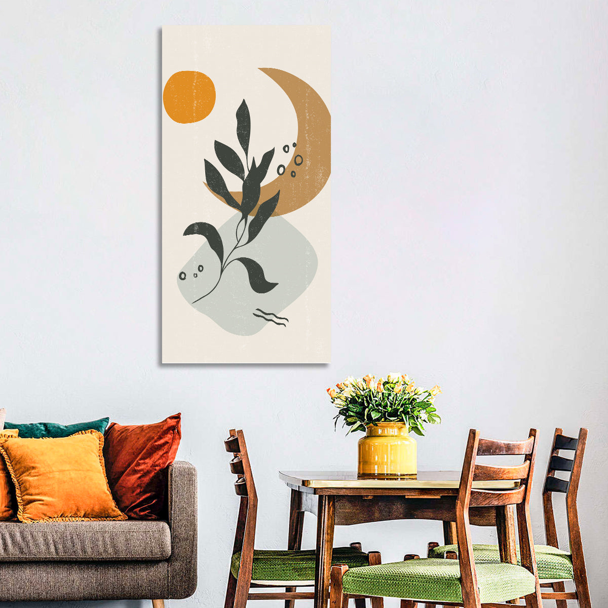 Leafy Branch with Sun and Moon Wall Art in a room, portrait