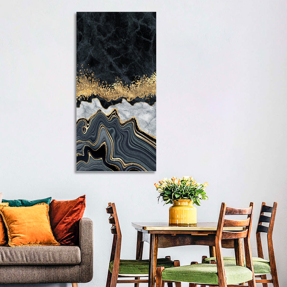 Black Gold River Wall Art in a room, portrait