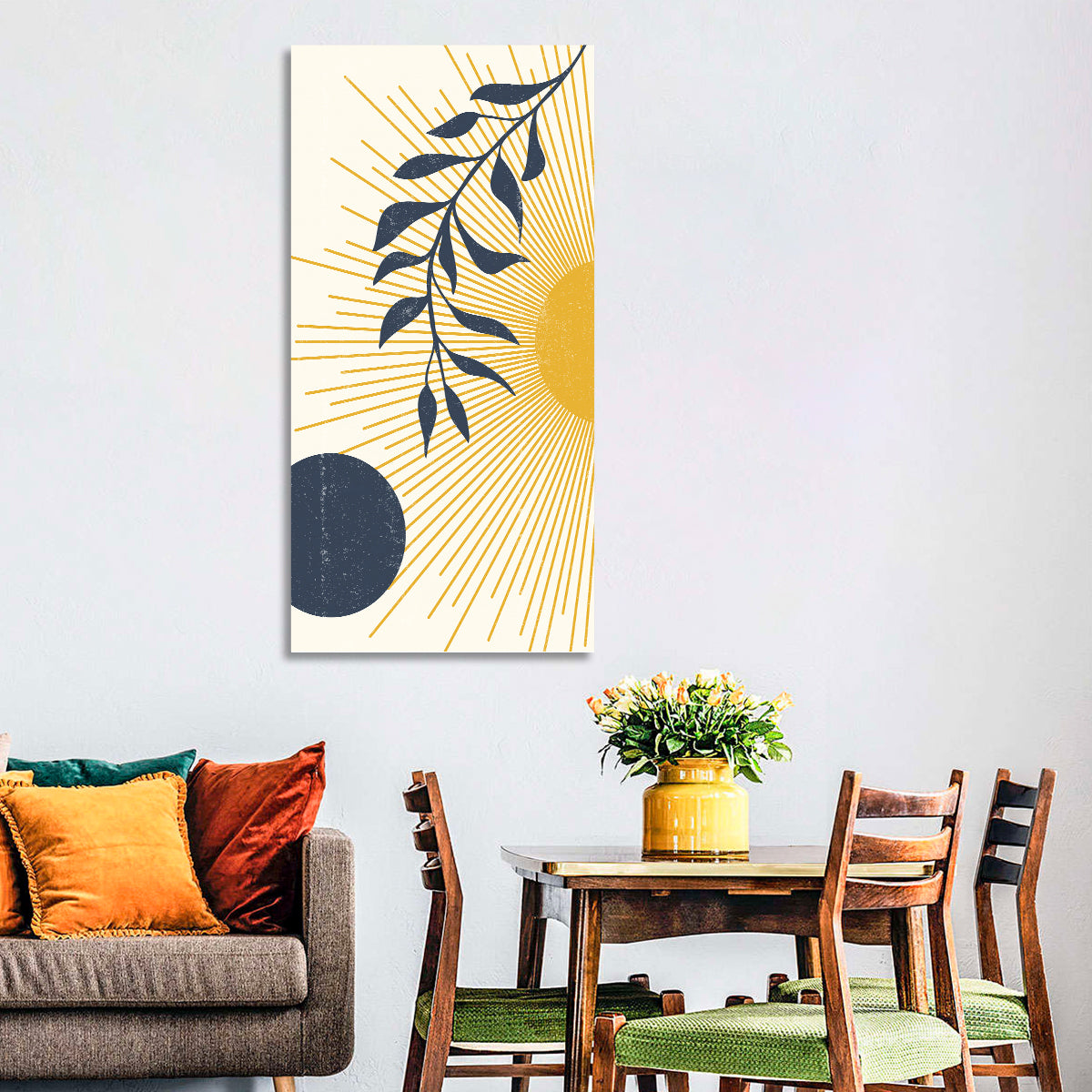 Textured Sun and Moon Abstract Wall Art in a room, portrait