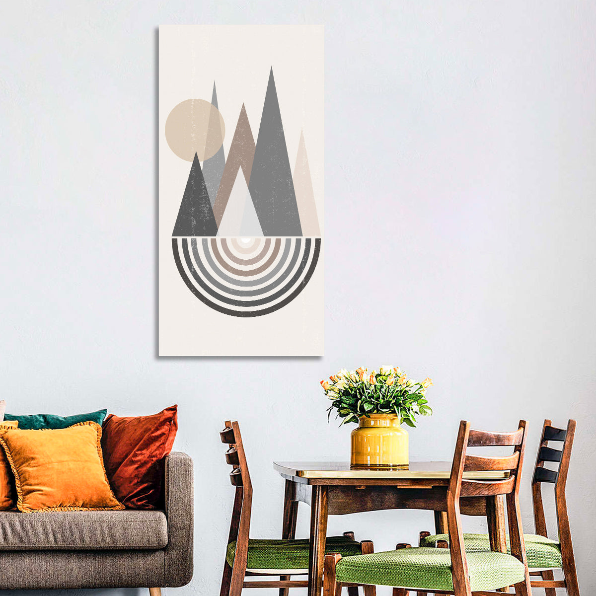 Minimalist Boho Pyramids Wall Art in a room, portrait