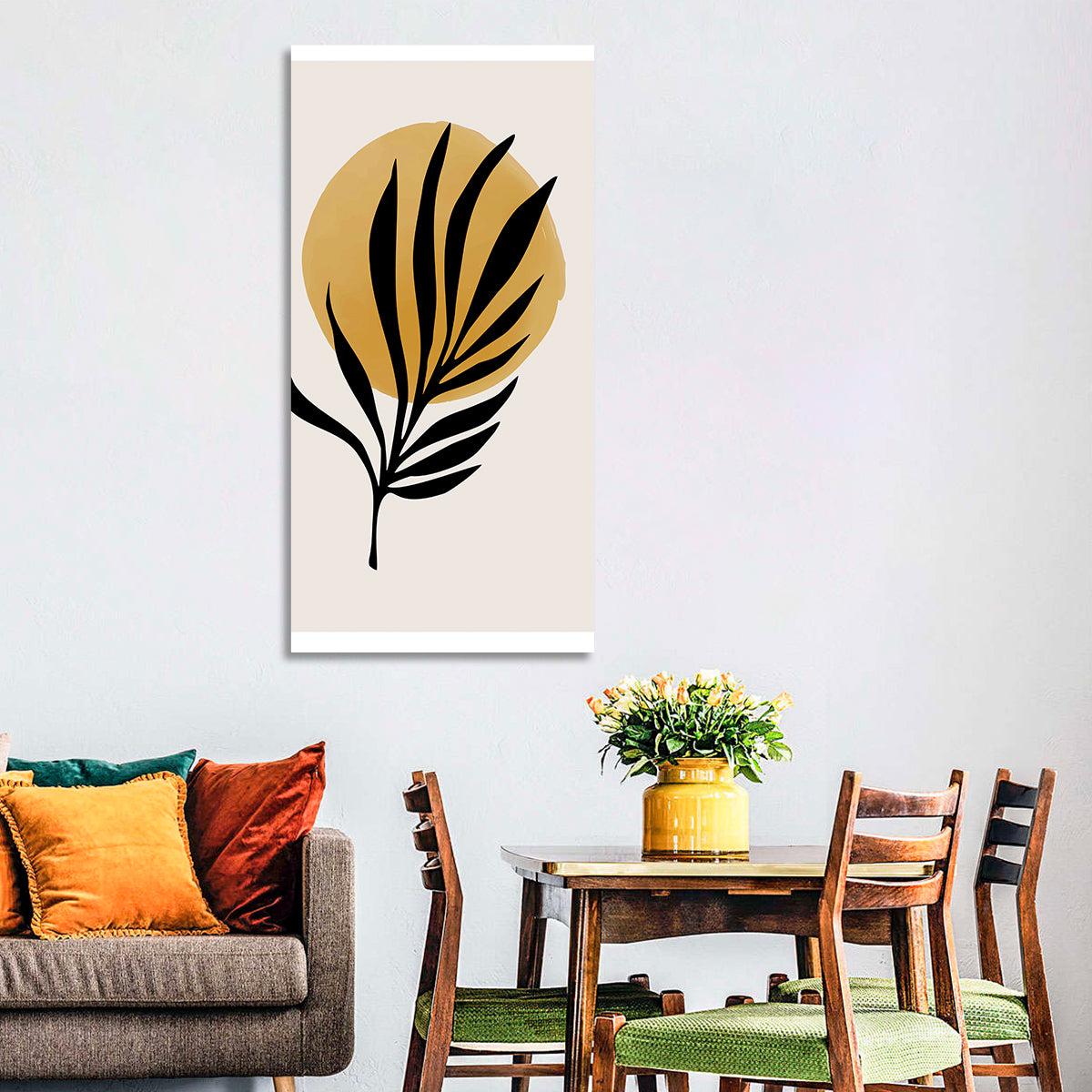 Shining Sun Palm Leaf Wall Art in a room, portrait