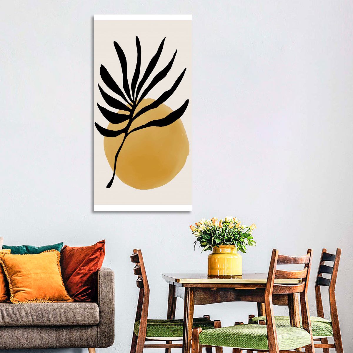 Mustard Sun with Dark Leaf Wall Art in a room, portrait
