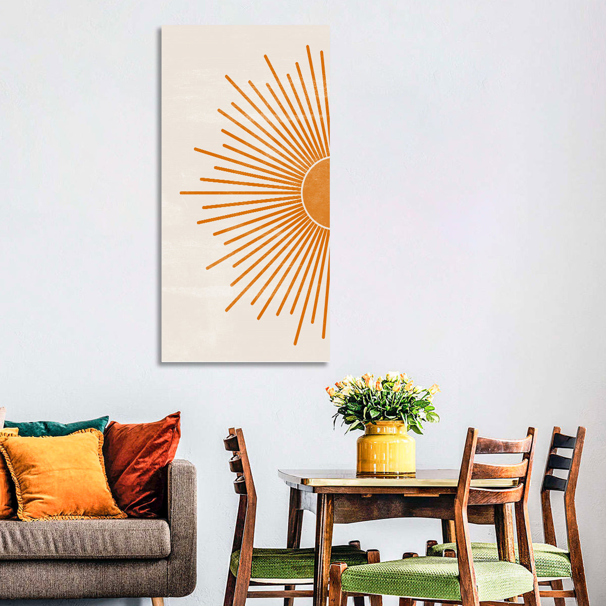 Orange Sunburst Minimalist Wall Art in a room, portrait
