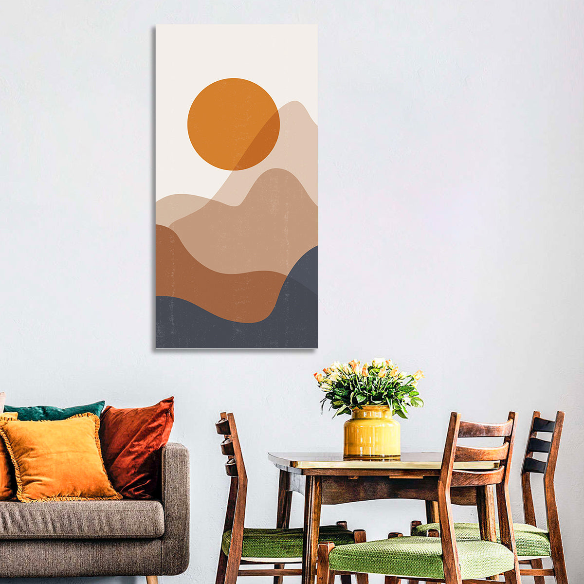 Layered Sunset Mountains Wall Art in a room, portrait