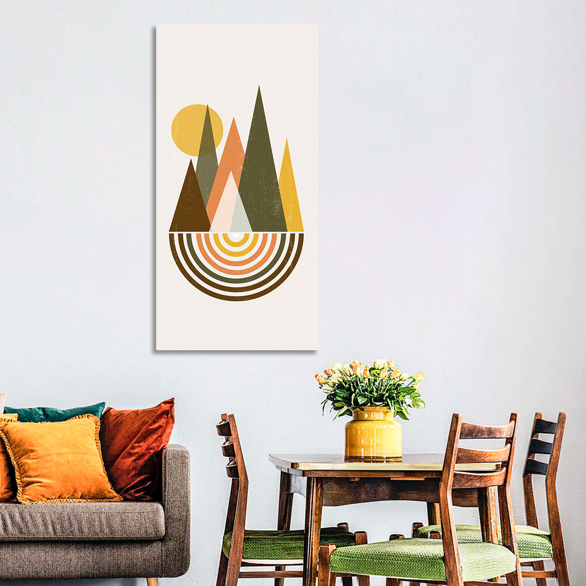 Colored Mountains Sunset Wall Art in a room, portrait