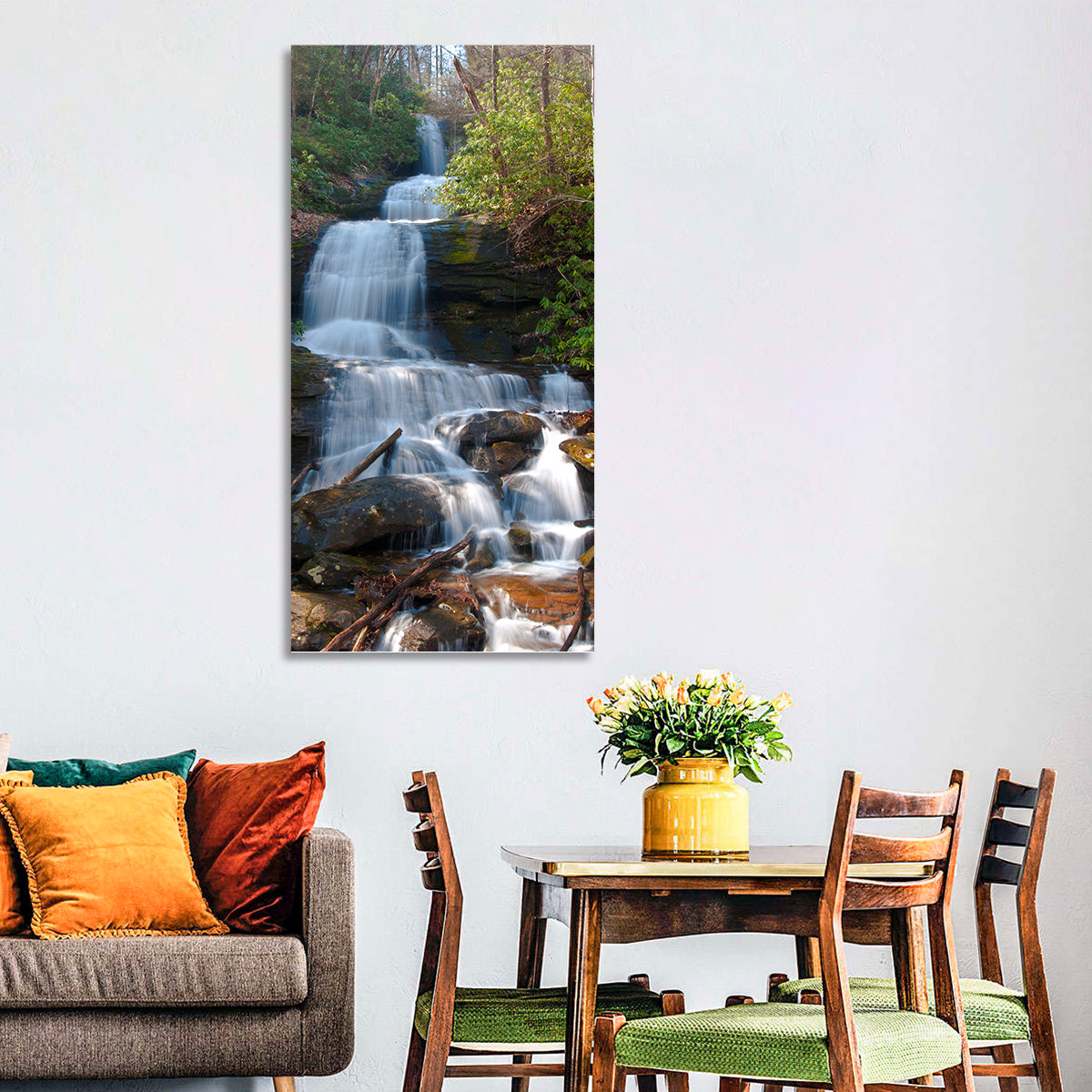 Desoto Falls Cascading Waterfall Wall Art in a room, portrait