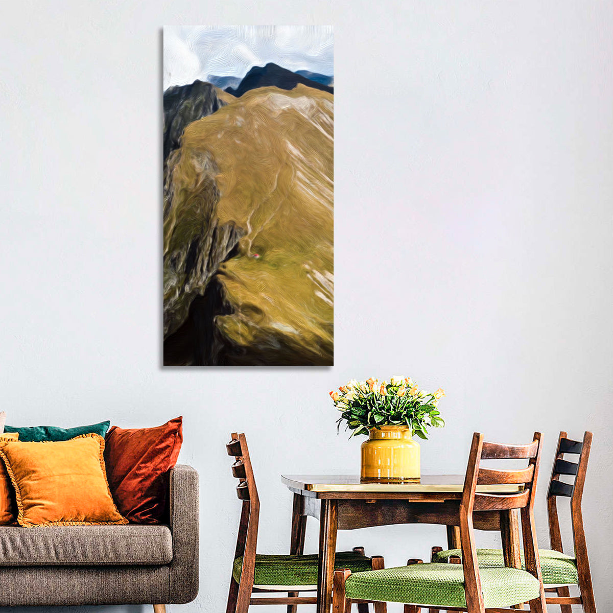 Aerial Mountain Slope with Red Cabin Wall Art in a room, portrait