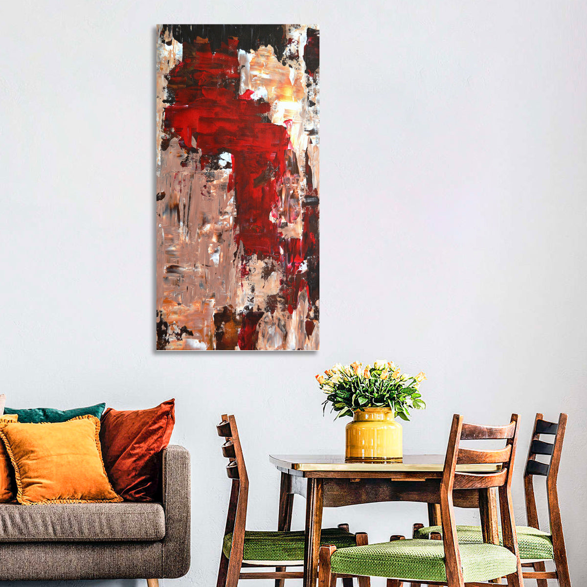 Splash of Red Abstract Wall Art in a room, portrait