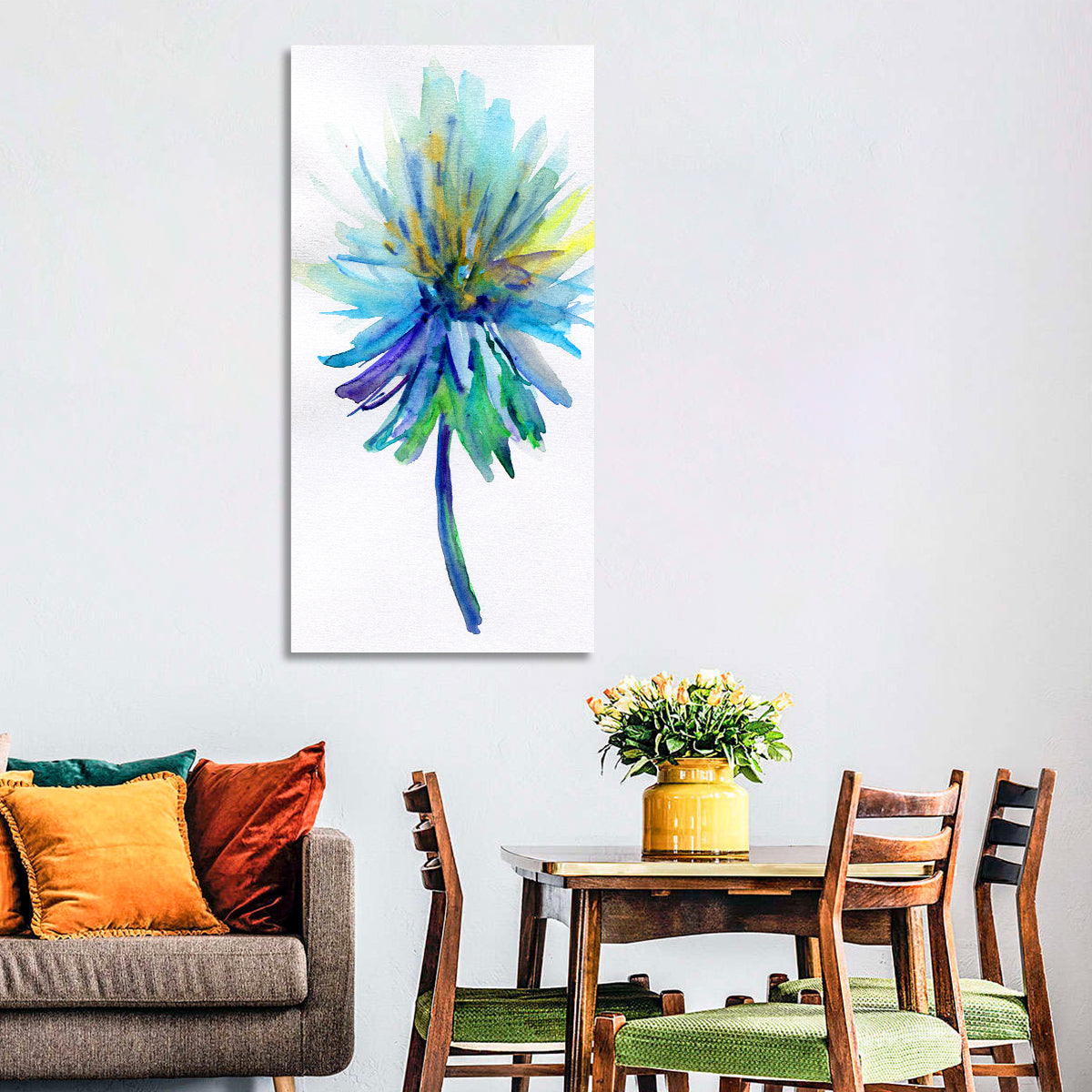 Ethereal Blue Watercolor Flower Wall Art in a room, portrait