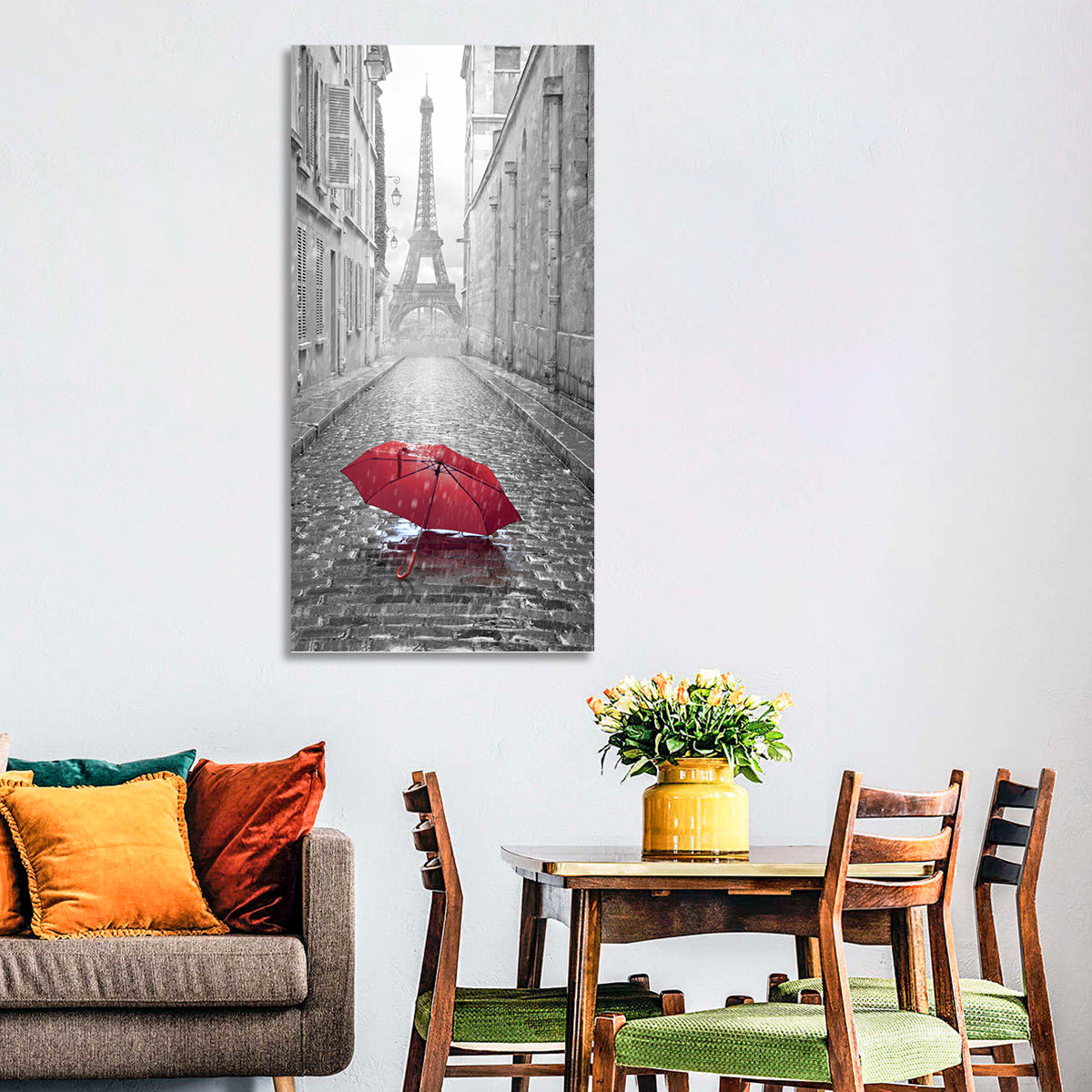 Eiffel Tower on Rainy Street Wall Art in a room, portrait