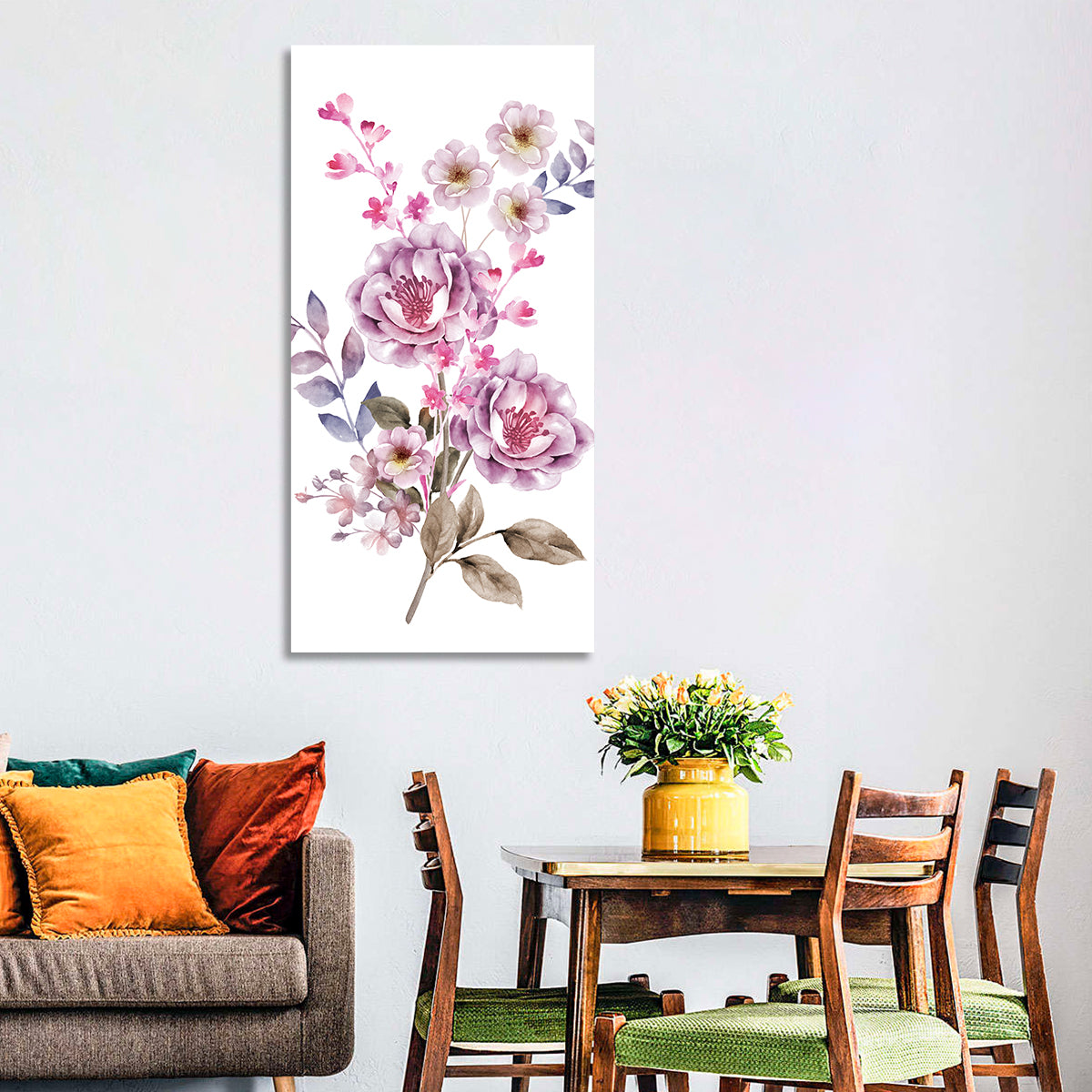 Lavender Watercolor Bouquet Wall Art in a room, portrait