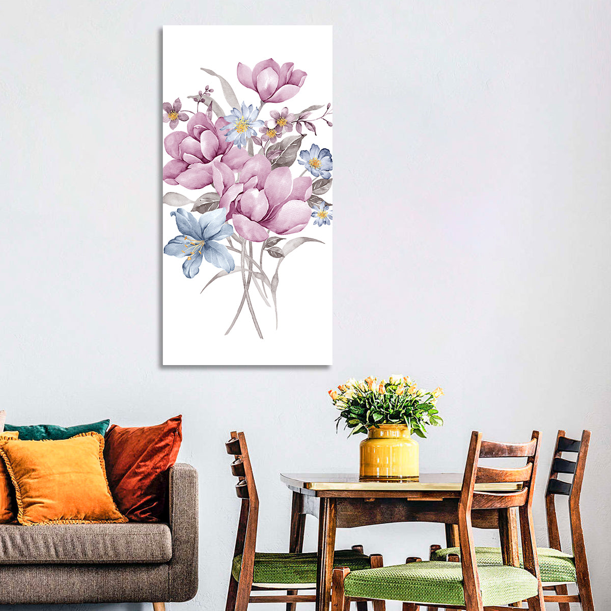 Pink Watercolor Bouquet Illustration Wall Art in a room, portrait