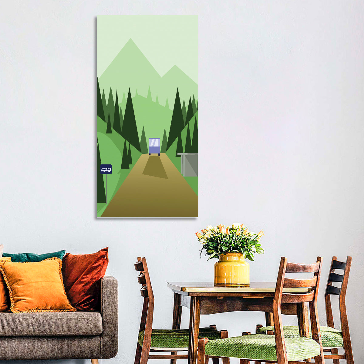 Mountain Road Bus Stop Illustration Wall Art