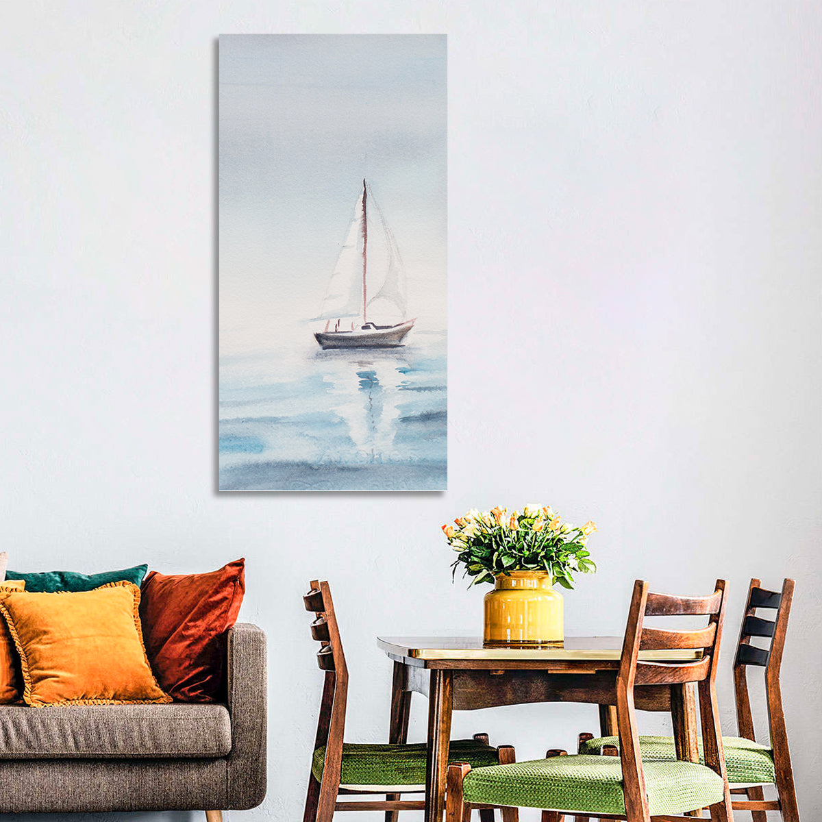 Sailboat on Calm Sea Wall Art in a room, portrait
