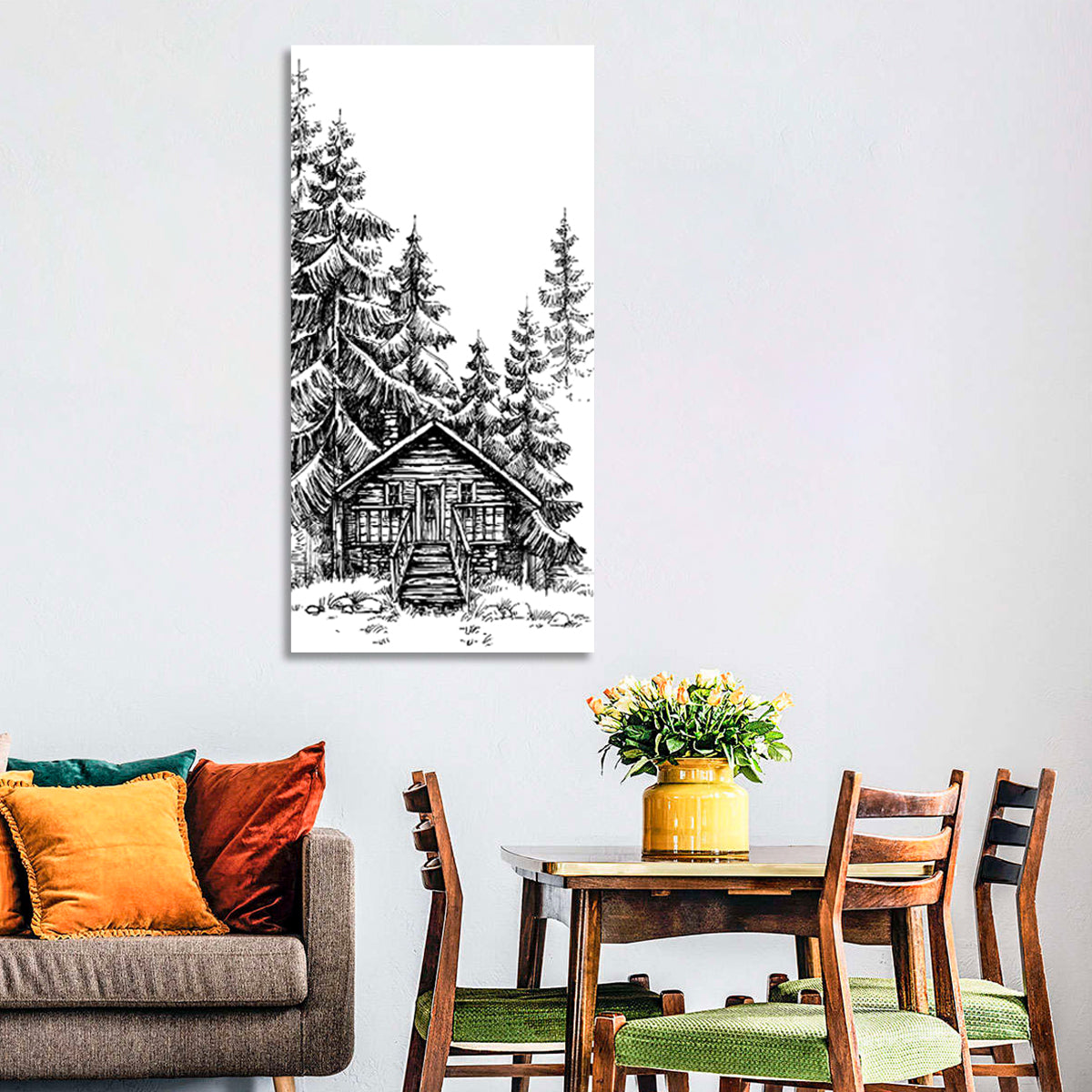 Log Cabin Sketch Wall Art in a room, portrait