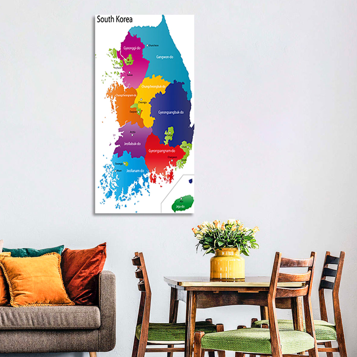 Colorful South Korea Map Wall Art in a room, portrait