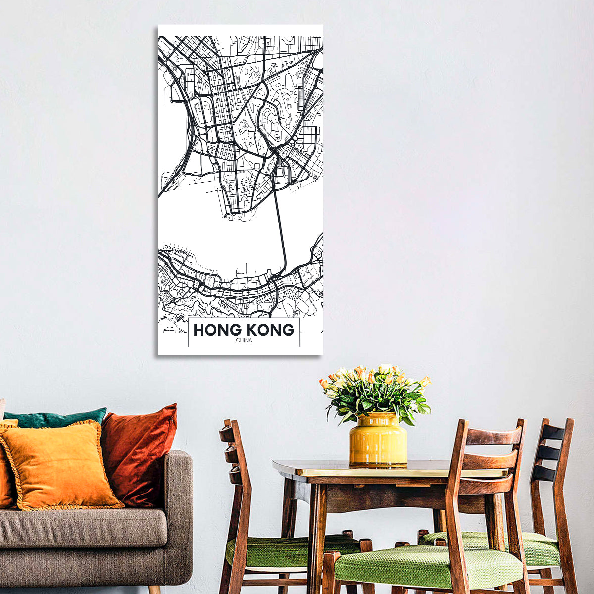 Hong Kong Aerial Map Wall Art in a room, portrait