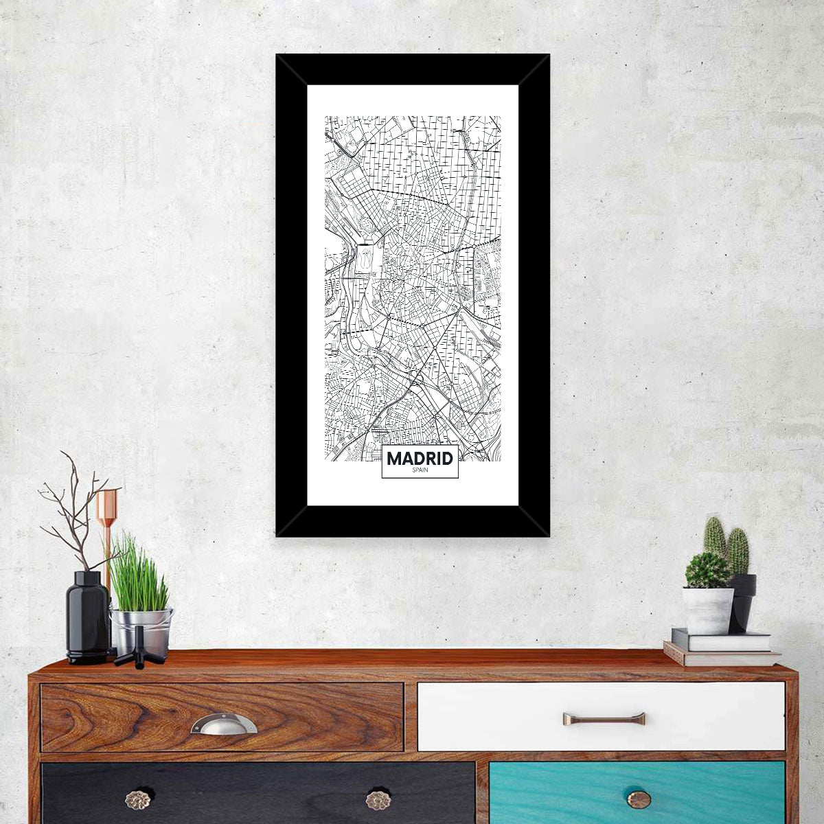 Madrid City Map Wall Art in a room, portrait