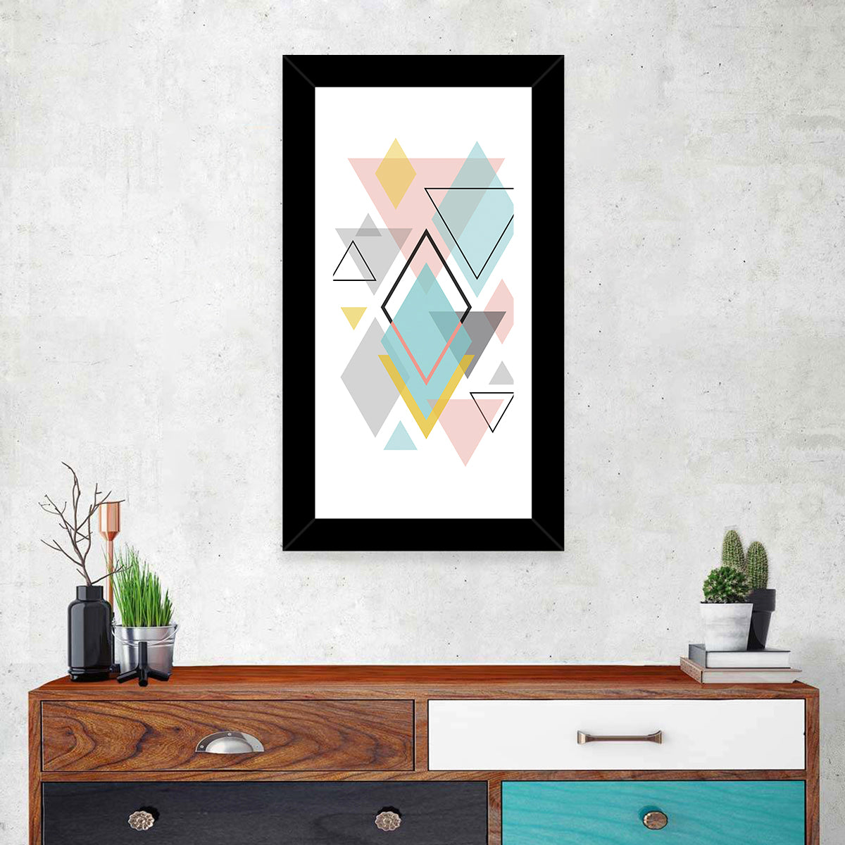 Scandinavian Geometric Pastel Composition Wall Art in a room, portrait