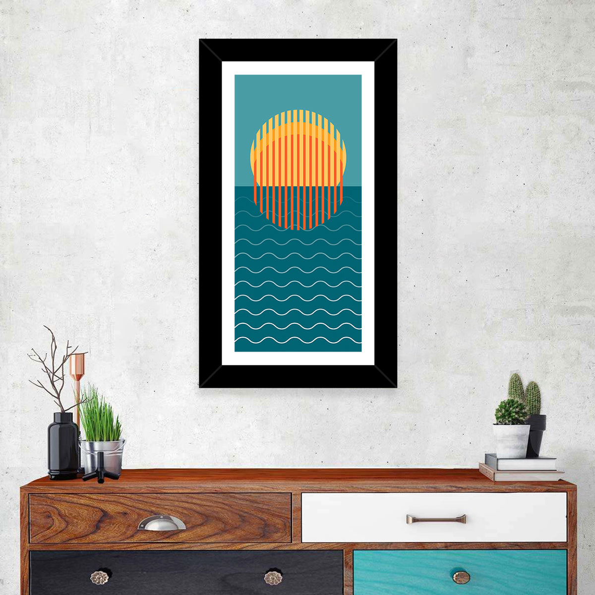 Geometric Ocean Sunset Wall Art in a room, portrait