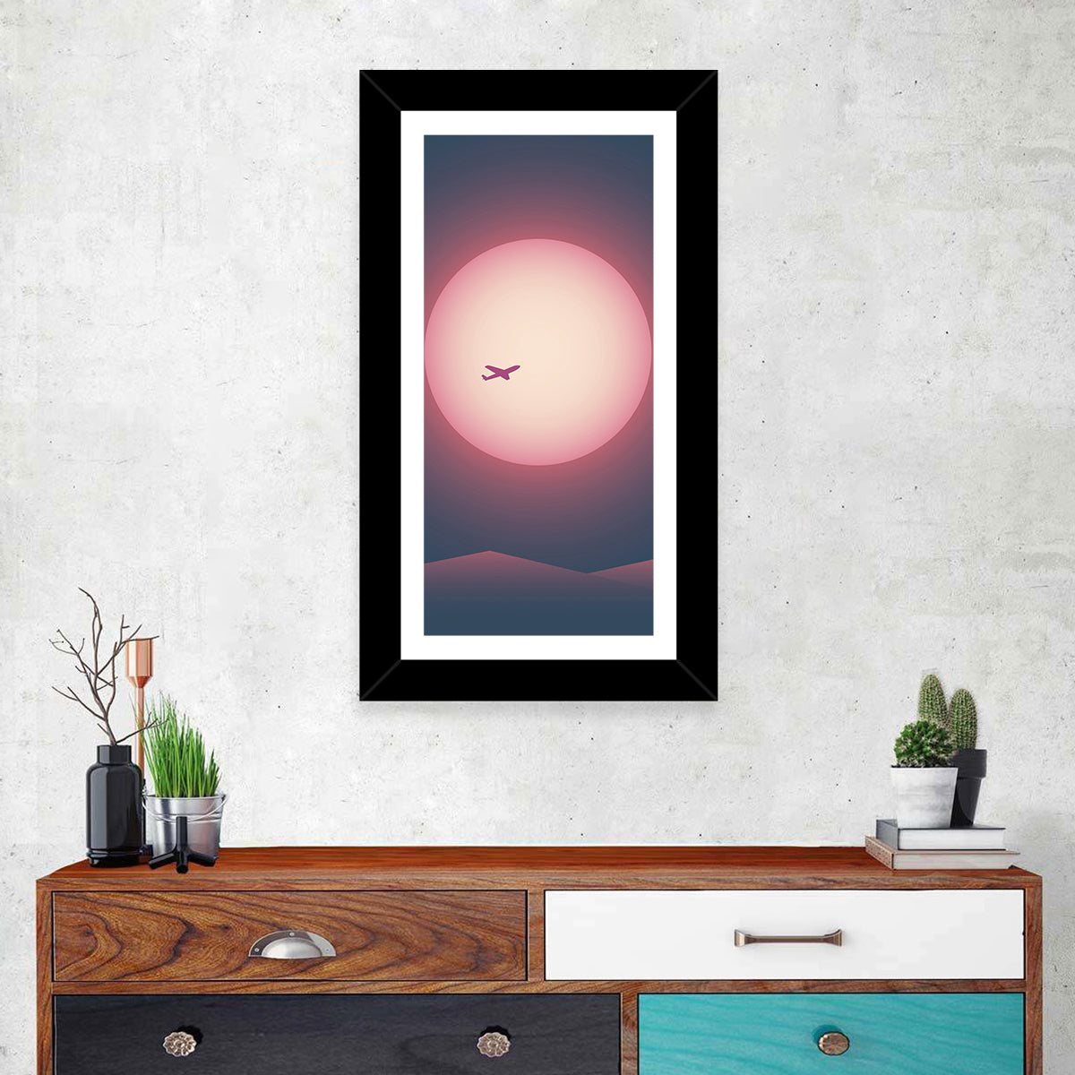 Twilight Airplane Over Mountains Wall Art in a room, portrait