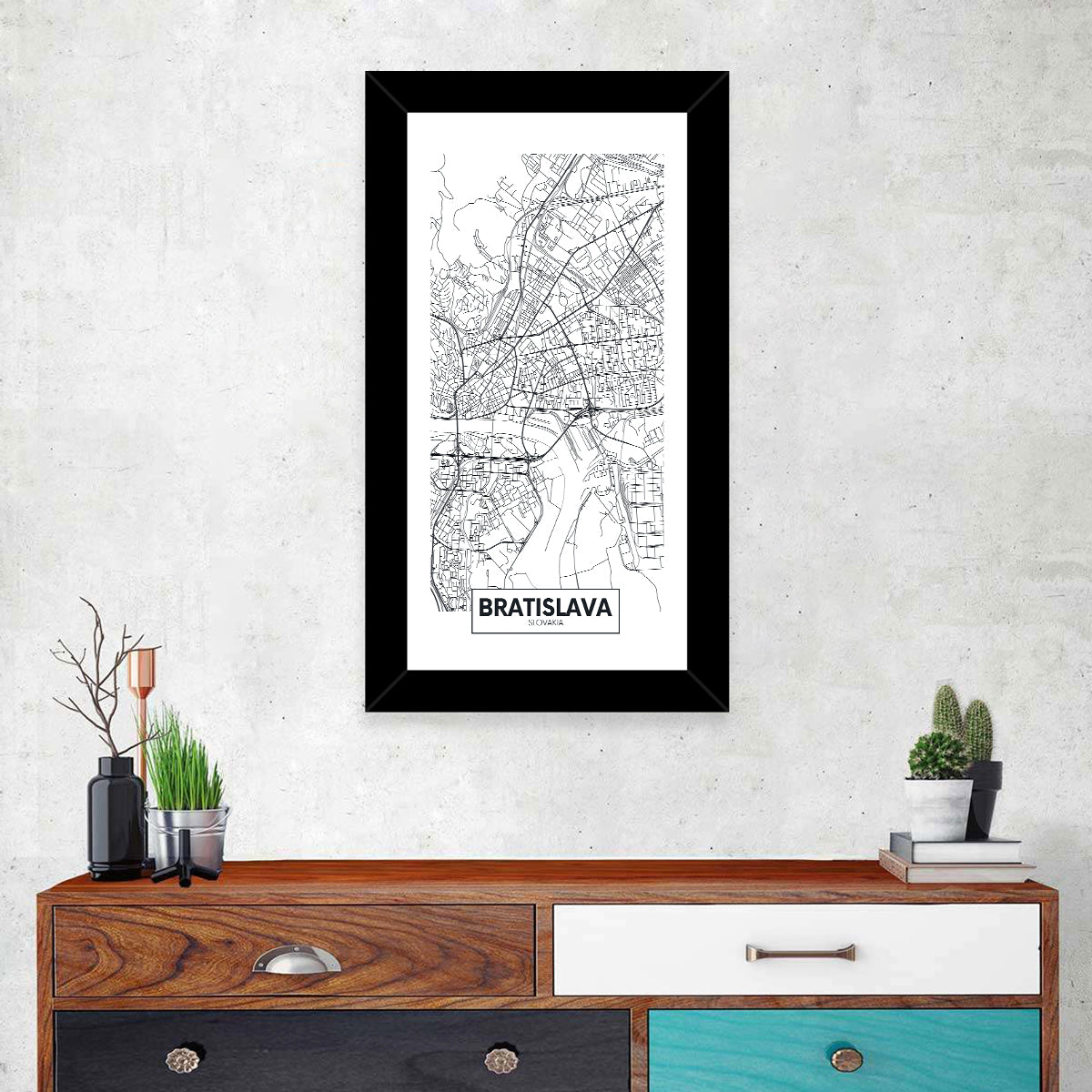 Bratislava City Map Wall Art in a room, portrait