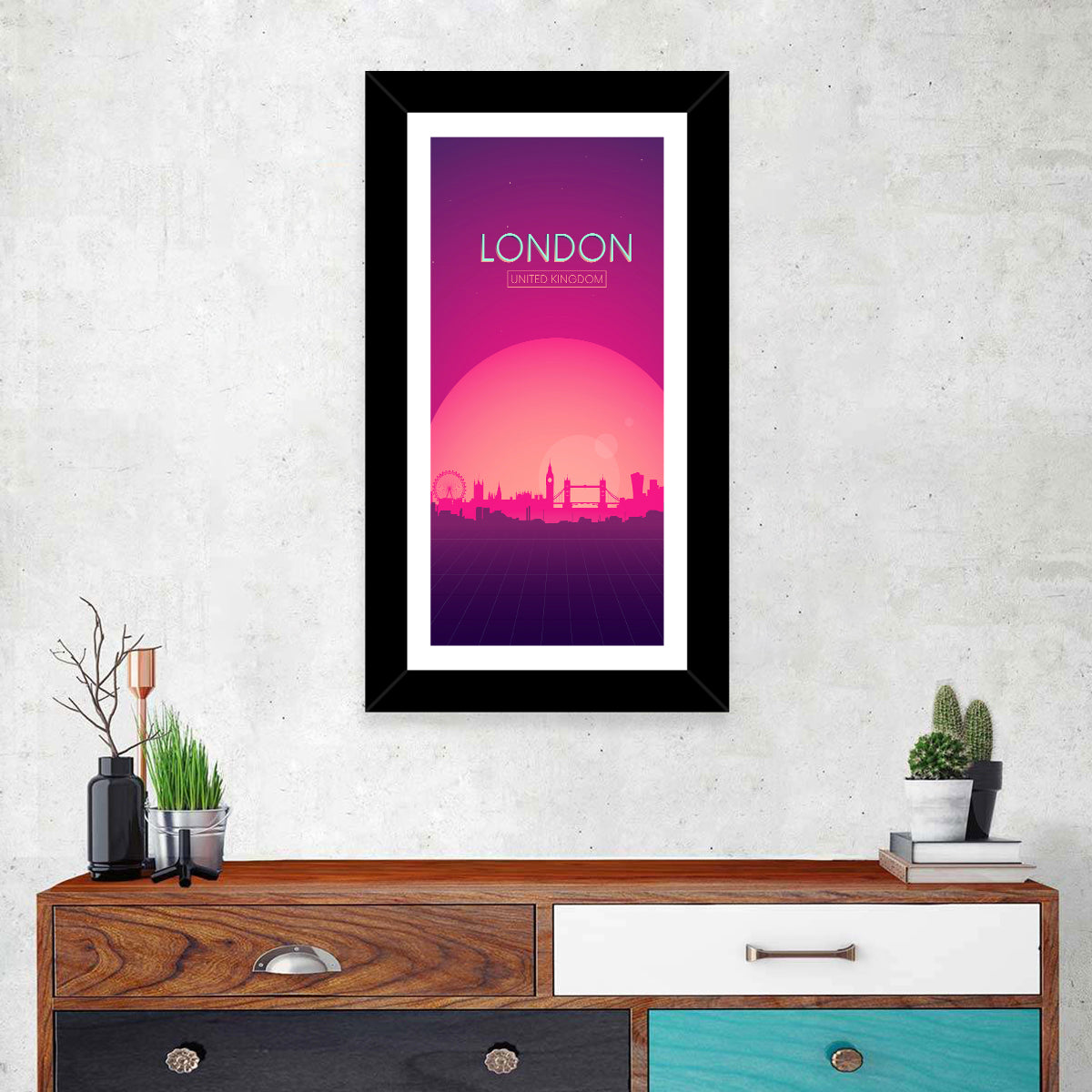 Retro London Sunset Skyline Wall Art in a room, portrait