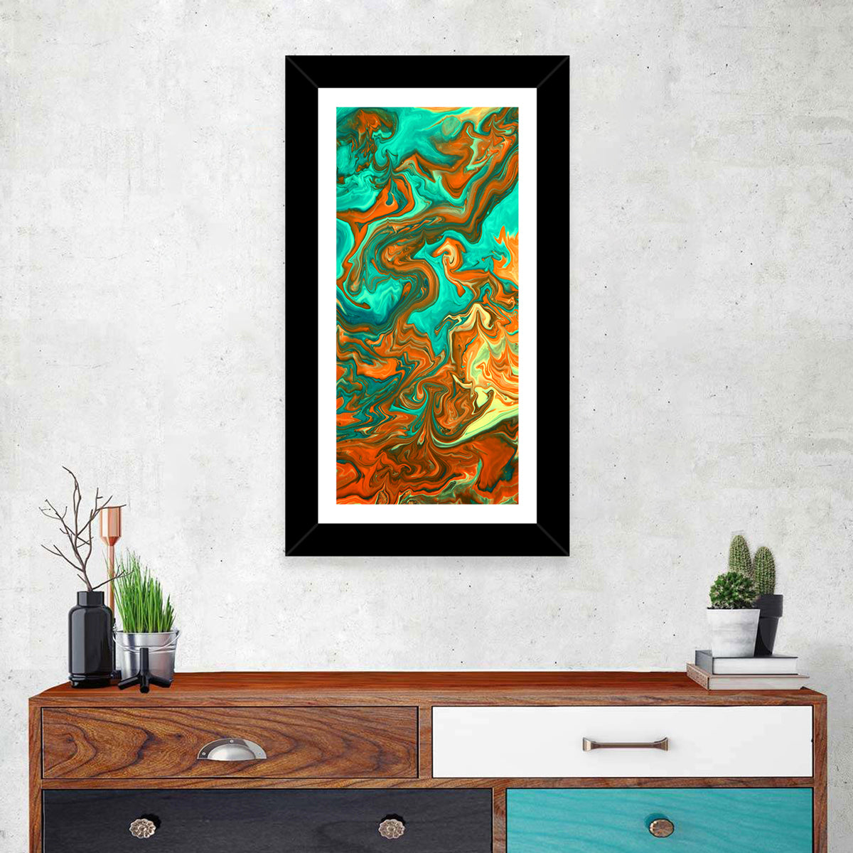 Blue Streams Abstract Wall Art in a room, portrait