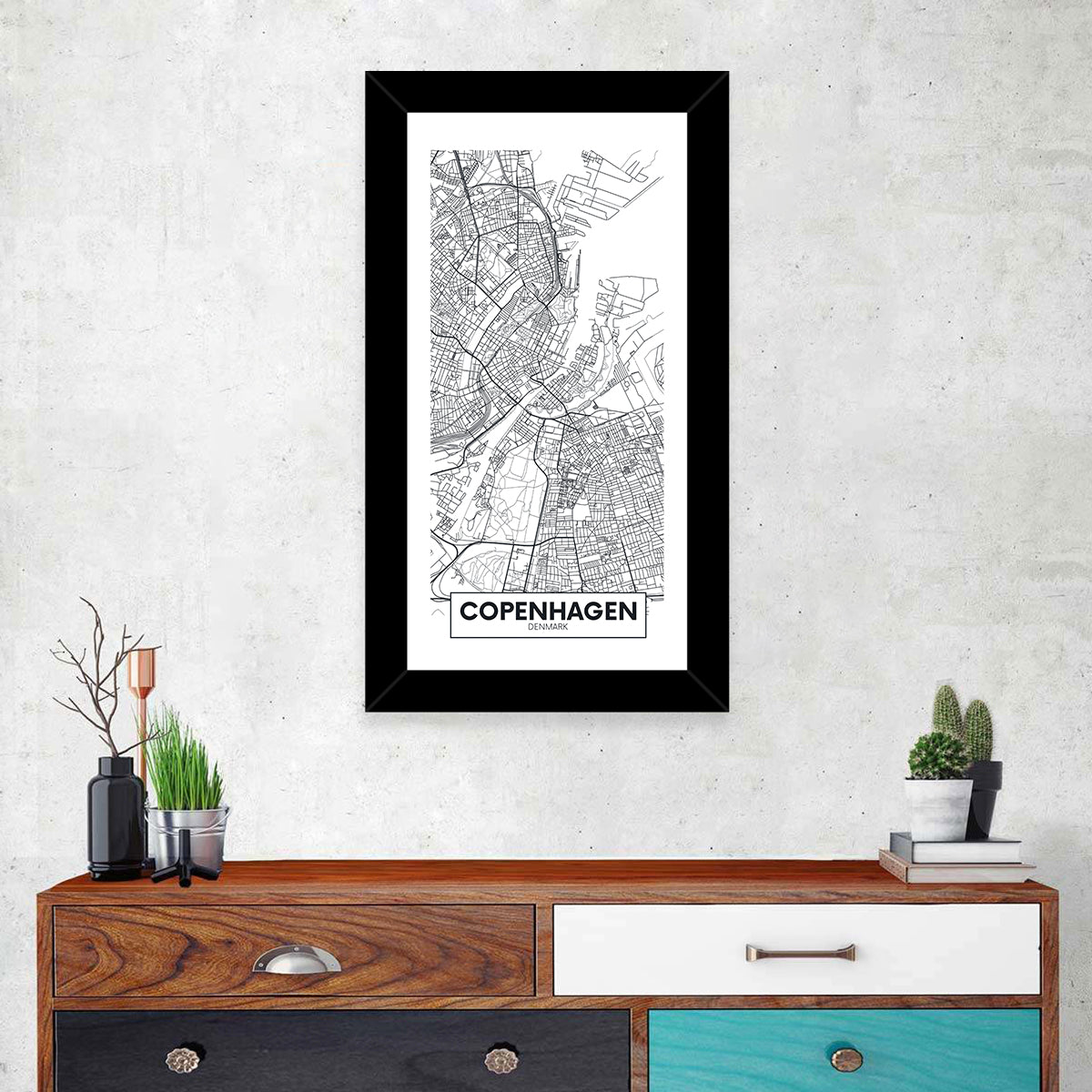 Copenhagen City Map Wall Art in a room, portrait