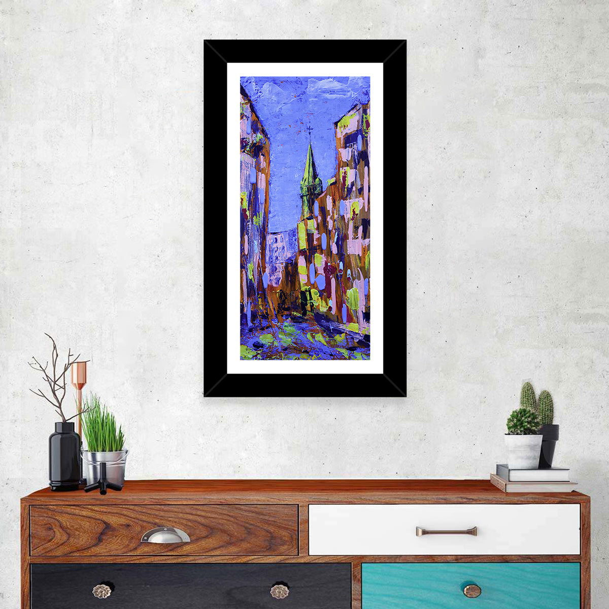 Old City Street with Steeple Wall Art in a room, portrait