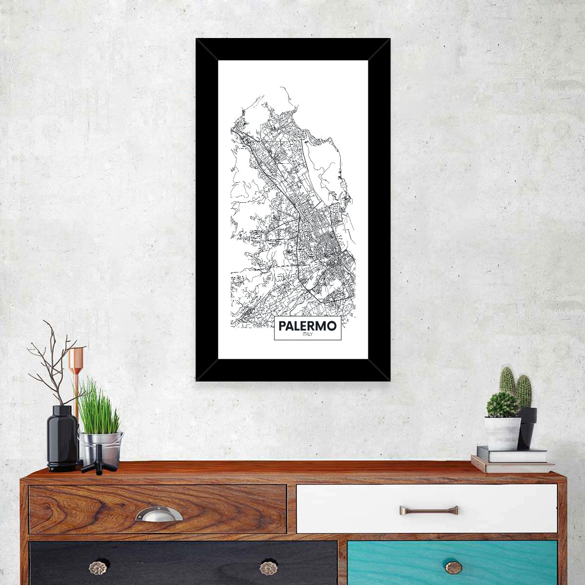 Palermo Minimalist City Map Wall Art in a room, portrait