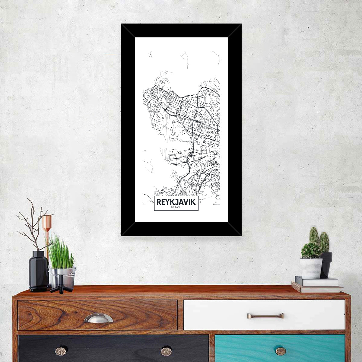 Reykjavik Aerial Map with Runway Wall Art in a room, portrait