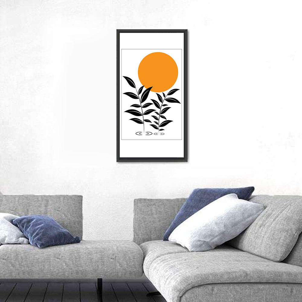 Minimalist Sun and Leaf Illustration Wall Art in a room, portrait