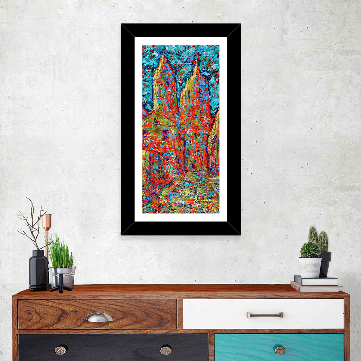 Gothic Spires Cityscape Wall Art in a room, portrait