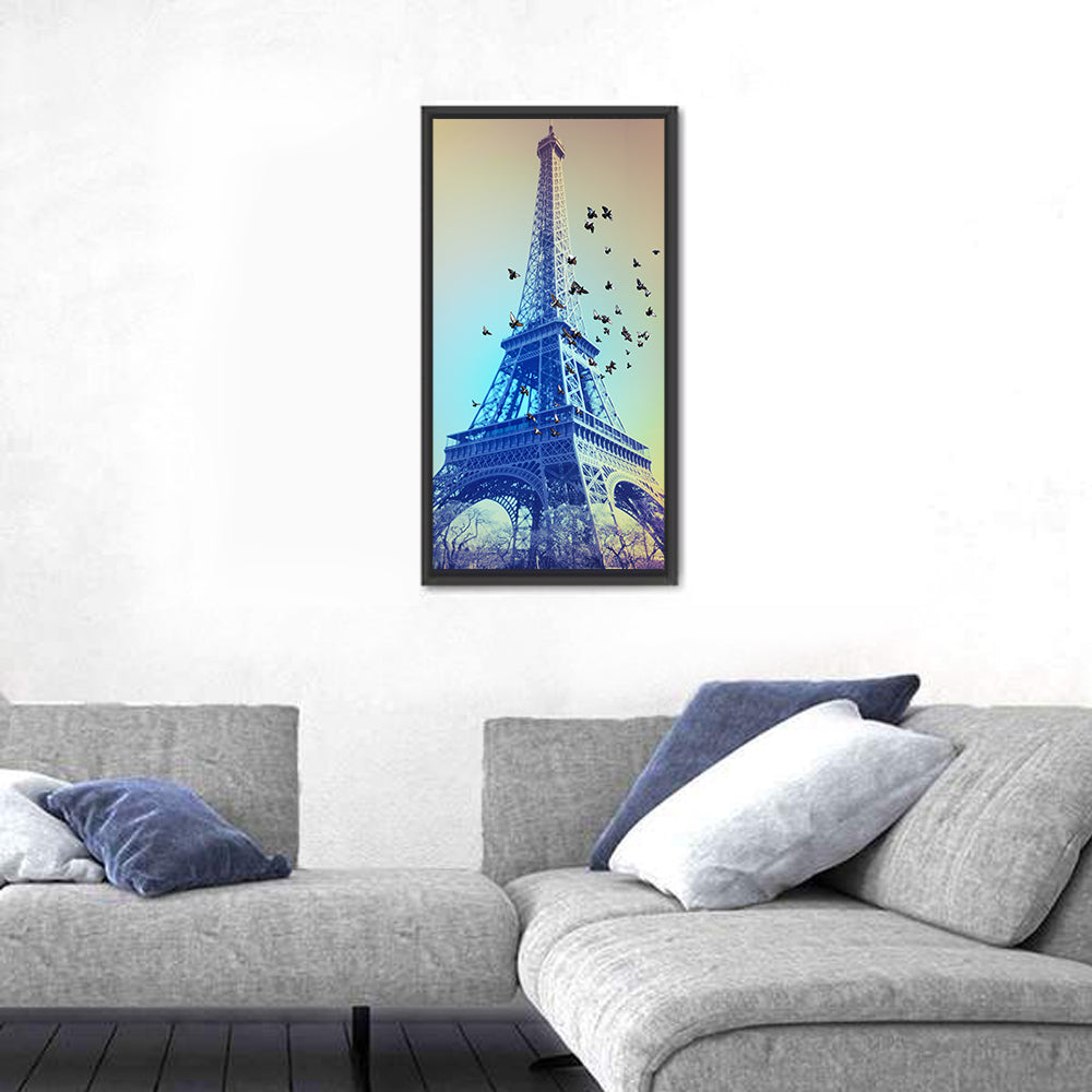 Retro Eiffel Tower Illustration Wall Art in a room, portrait