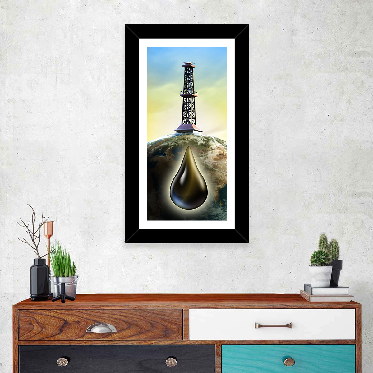 Oil Derrick with Glowing Drop Wall Art in a room, portrait