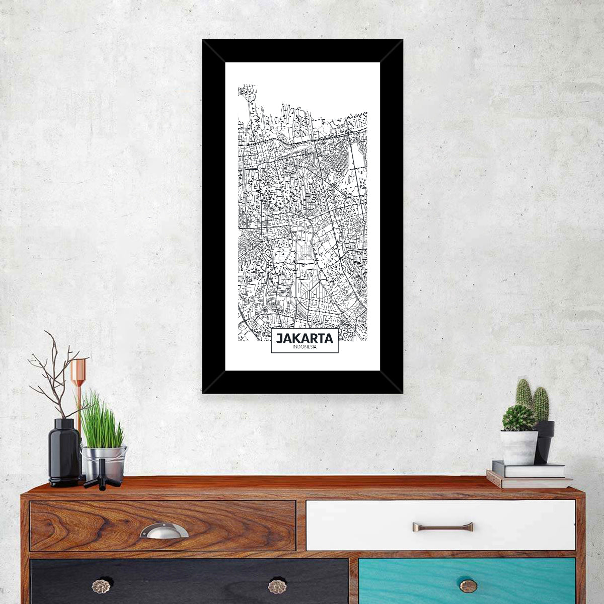 Jakarta Street Grid Map Wall Art in a room, portrait